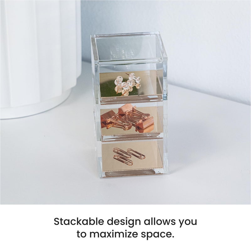 OfficeGoods 3-Tier Stackable Acrylic Holder- Stylish Desk Organizer and Storage for Office or Home â€“ Transparent Square Design with Gold Metal Base - Image 4